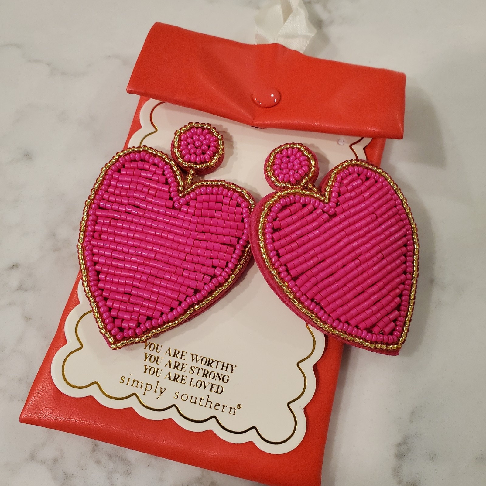 Simply Southern New Pink And Gold Beaded Heart Earrings Lightweight